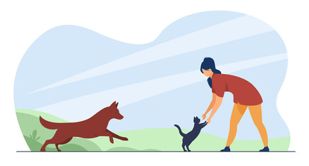 Canvas Print - Woman playing with pets outside. Cat and dog running to owner. Flat vector illustration. Domestic animal care, outdoor activity, lifestyle concept for banner, website design or landing web page