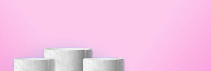 Fototapete - Product display glossy white marble cylinder stand winner podium in three step with pastel pink wall background.Banner mockup space for display of product design.3d rendering