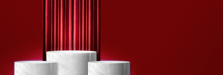 Aufkleber - Product display glossy white marble cylinder stand winner podium in three step with red curtain and red wall background.Banner mockup space for display of product design.3d rendering