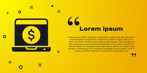 Sticker - Black Laptop with dollar icon isolated on yellow background. Sending money around the world, money transfer, online banking, financial transaction. Vector.