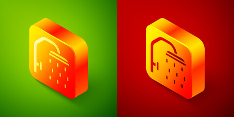 Poster - Isometric Shower head with water drops flowing icon isolated on green and red background. Square button. Vector.