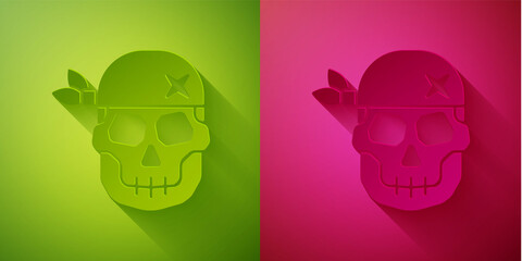 Wall Mural - Paper cut Skull icon isolated on green and pink background. Happy Halloween party. Paper art style. Vector.