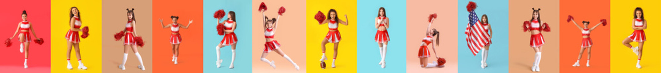 Sticker - Set of beautiful cheerleaders on color background