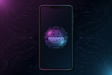 Wall Mural - Smartphone mockup with futuristic fingerprint on touch screen. Biometric data security. Data protection. Scanning user interface for graphic design. Vector illustration.