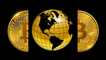 Earth globe with bitcoin split in half, business concept background gold and black economy symbol, vector illustration.