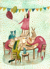 A Girl Having A Tea Party With Colorful Animals 