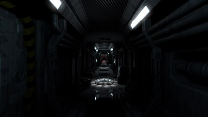 scary empty sci fi spaceship corridor with evacuation alarm. 3d rendering. seamless loop.