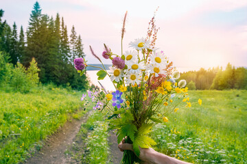 Wall Mural - a bouquet of wild flowers in your hand on the background of a green meadow, a river and the setting 