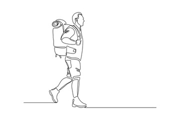 continuous one line drawing of traveling people with backpack. single one line art of man hiking on 