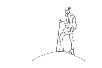 Wall Mural - Continuous one line drawing of traveling people with backpack. Single one line art of woman success to hiking on top of mountain. Vector illustration