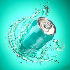 Cyan aquamarine aluminium can with transparent splash on cyan background. Gin or water.