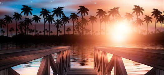 Wall Mural - Night seascape with sunset and wooden pier by the sea. Evening Shore with palm trees, beach party. Neon sunset, sunlight, neon lights, neon reflection in water. 3D illustration. 