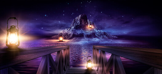 Wall Mural - night seascape, fantasy island with lanterns and a wooden pier by the sea. evening shore, beach part