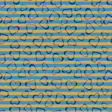 Abstract Seamless Vector Pattern With Blue Hearts And Gold Stripes On Blue Background. Valentine Romantic Design For Fabric, Wrapping Paper, Gift Paper And Postcards.