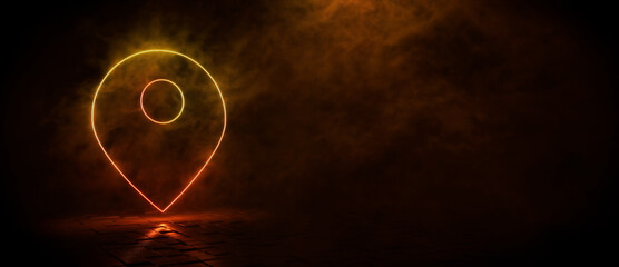 Orange and yellow neon light map pin icon. Vibrant colored technology symbol, isolated on a black background. 3D Render 