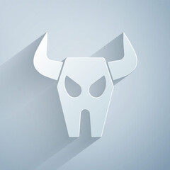 Sticker - Paper cut Buffalo skull icon isolated on grey background. Paper art style. Vector.