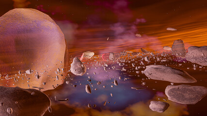 Wall Mural - Debris of the planet and asteroide in outer space. 