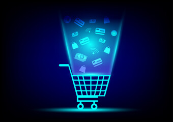 Shop online concept. Shopping cart, search, credit card and bag virtual icon on blue background. Digital marketing, e-commerce. Quarantine to save life from coronavirus.