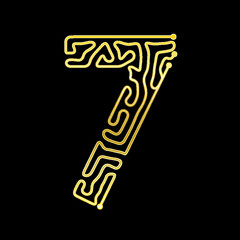 Abstract golden cyber technology font. Line Alphabet. Number 7