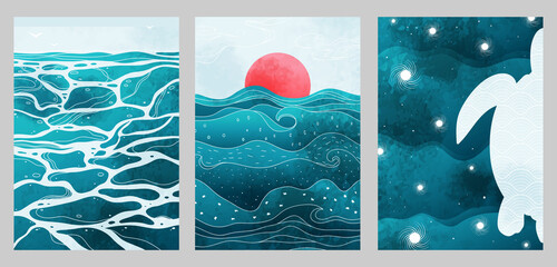 Creative aesthetic posters in Japanese vintage style. A4 vertical illustrations. Set of three backgrounds with watercolor texture and traditional pattern, thin lines, sea, sun, waves, turtle.