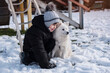 © Мар'ян Філь - A young boy in winter and his Japanese Spitz dog walking and playing with snow together, they sat down to rest and look at something together, focus on the dog's eyes