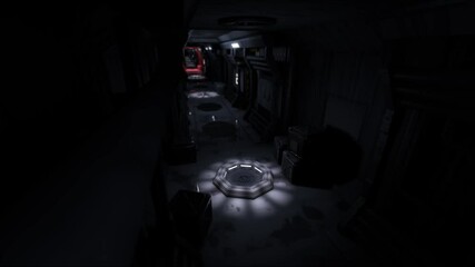 Wall Mural - scary empty sci fi spaceship corridor with evacuation alarm. 3d rendering. seamless loop.