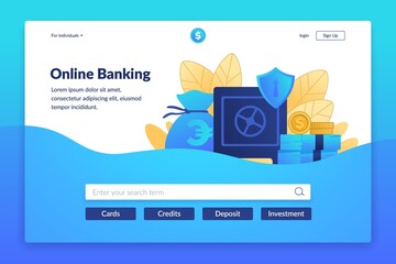 Aufkleber - Online banking landing page. Digital payment service. Interface for bank website. Web transactions or currency exchange, savings and investments. Vector colorful UI design with buttons and copy space