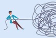 Businessman pulls rope. Complex problem solving concept. Rationally find start at challenge analysis. Complicated situation. Cartoon man yanking on end of tangled cable. Vector metaphor illustration