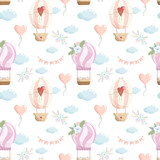 Vector seamless pattern with coral and purple hot air balloons, heart balloon, clouds, paper flags and flower compositions on white background. Cute nursery background for textile, wrapping paper etc.