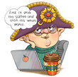 Vector illustration of a funny man in a Napoleon hat and laptop. Under the heading I'll grab coffee first, and then the whole world.