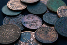 Background From Old Money Of Imperial Russia. 19 - 20 Century.Vintage Multi-colored Russian Coins (translation: Kopeck)
