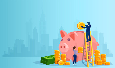 Vector of a man and a woman depositing money in a piggy bank