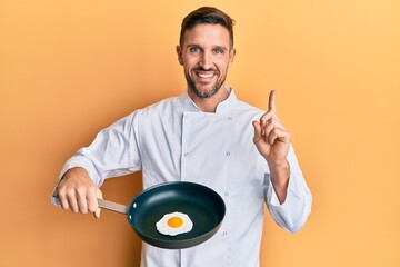 Canvas Print - Handsome man with beard professional chef cooking fried egg smiling happy pointing with hand and finger to the side