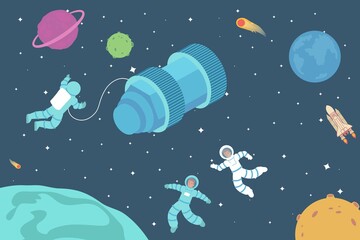 Wall Mural - astronauts in outer space flat poster