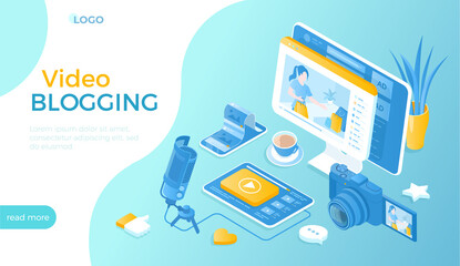 Wall Mural - Video blogging, Personal Blog. Vlogger giving video review, advertising on her vlog channel. Making video content for blog or vlog in social networks. Isometric vector illustration for website.