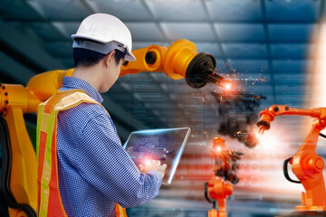 Wall Mural - Industry engineer in factory,using smart tablet glass device,control automation robot arm machine intelligence operation,concept business and industry 4.0,Artificial intelligence or AI,with 5G network