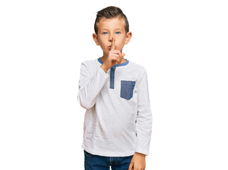 Poster - Adorable caucasian kid wearing casual clothes asking to be quiet with finger on lips. silence and secret concept.