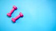 © byjeng - Healthy lifestyle with Two pink dumbbells, flat lay