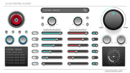 User interface elements for control player.ui ux design kit. Rotary button with indicator light Sliding button left-right. Contemporary-modern design in white.