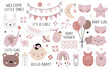 Vector hand drawn baby shower collection for girl with cute babies, moon, cloud, rainbow, star for nursery decoration.
