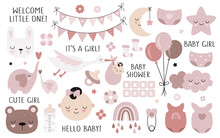 Vector Hand Drawn Baby Shower Collection For Girl With Cute Babies, Moon, Cloud, Rainbow, Star For Nursery Decoration.