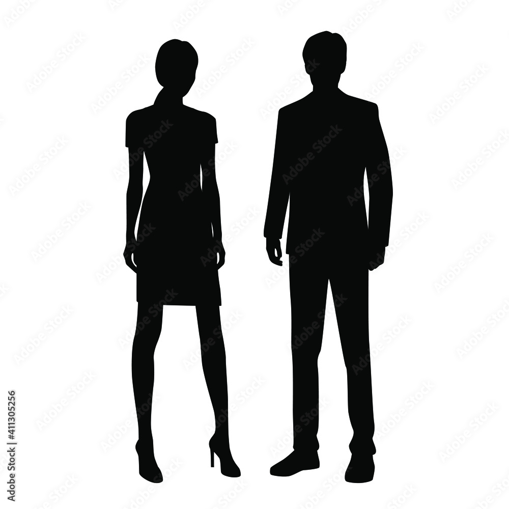 Vector silhouettes of man and a woman, a couple of standing business ...