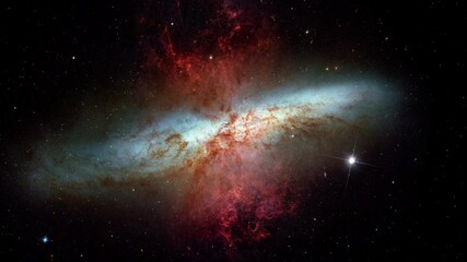 Wall Mural - Approaching to spectacular galaxy rotating in outer space with jet explosion red dust and animated stars in sky. Based on image furnished by Nasa
