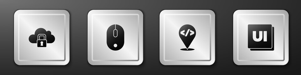 Set Cloud computing lock, Computer mouse, Front end development and UI or UX design icon. Silver square button. Vector.