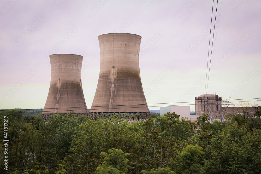 Old cooling towers at the Three Mile Island nuclear plant in Harrisburg,  PA. Stock Photo | Adobe Stock