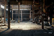 Interior View Of A Vacant Abandoned Industrial Factory.