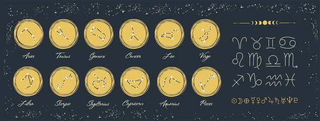Wall Mural - a set of signs of the zodiac, constellations. horoscope symbols, stars, planets and moon phases. vec