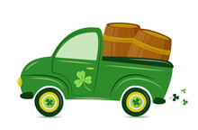 St. Patrick's Day Truck. Vector Retro Cartoon Pick-up Truck With Shamrock  And Beer Barrels For Happy Saint Patrick's Day Irish Celebration Design. Beer Festival Concept