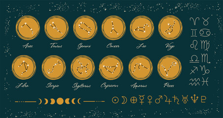 Wall Mural - Set of signs of the zodiac, constellations. Horoscope symbols, stars, planets and moon phases. Vector set of astrological signs ocher color, on a green background. Illustrations for ancient alchemy.