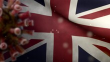 United Kingdom Flag Waving With Coronavirus Outbreak Infecting Respiratory System As Dangerous Flu. Influenza Type Covid 19 Virus With National Britain Banner Blowing Background. Pandemic Concept-Dan